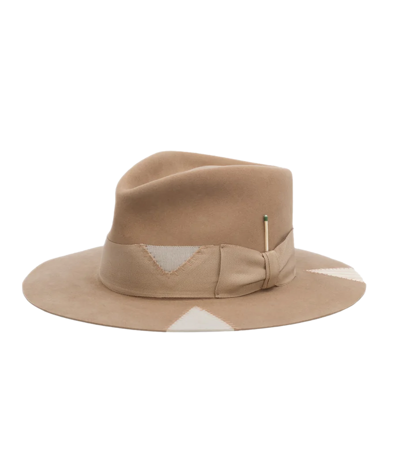 Image of a western style beige 100% felt hat. Featuring 3 triangle cutouts, frankenstein stitching, a flat brim and signature Nick Fouquet Match. 