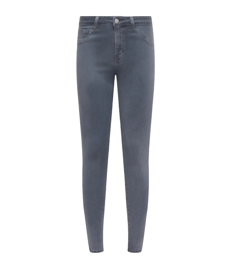 Image of a high fashion grey coated denim skinny jean, with a tapered leg, leather pants, silver hardware, skinny fit. Everyday jean, coated denim, made in California, date night outfit, trendy, fashion forward. 