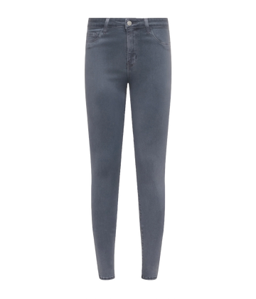 Image of a high fashion grey coated denim skinny jean, with a tapered leg, leather pants, silver hardware, skinny fit. Everyday jean, coated denim, made in California, date night outfit, trendy, fashion forward. 