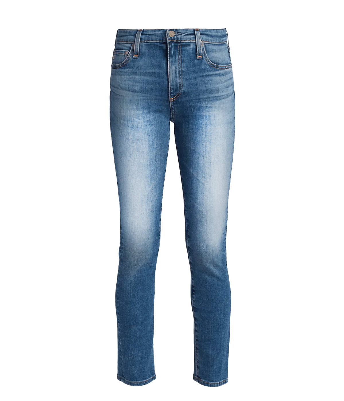 ALT text: Faded cropped high-rise straight leg jeans with clean hem and five-pocket styling.