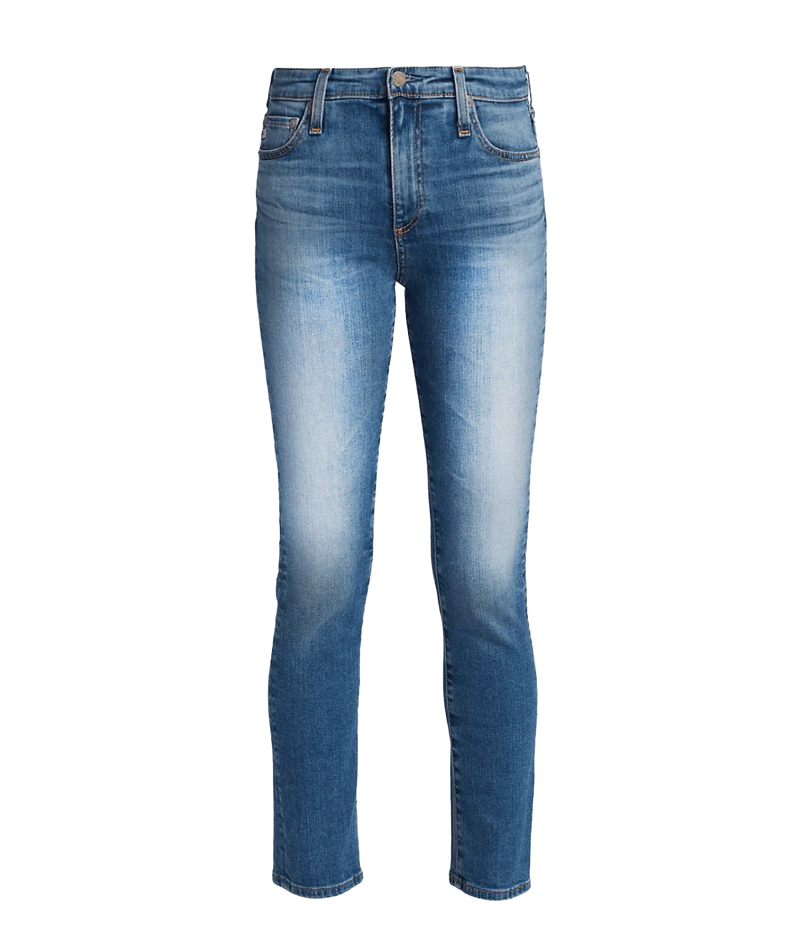 ALT text: Faded cropped high-rise straight leg jeans with clean hem and five-pocket styling.