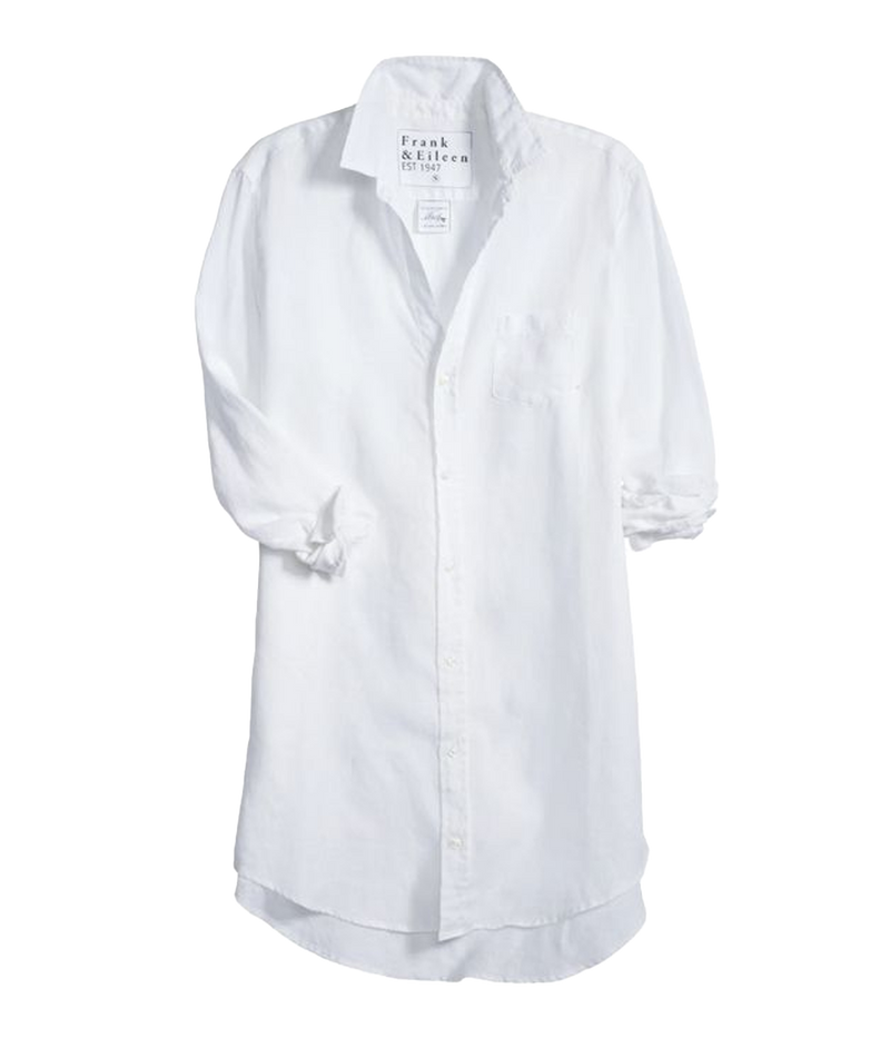 Mary Woven Linen Button-Up Dress from Frank & Eileen, made from 100% linen. Classic shirt dress with a loose silhouette, above-the-knee hemline, and long sleeves. Versatile summer piece, perfect as a beach cover-up or paired with statement sandals for a date night.