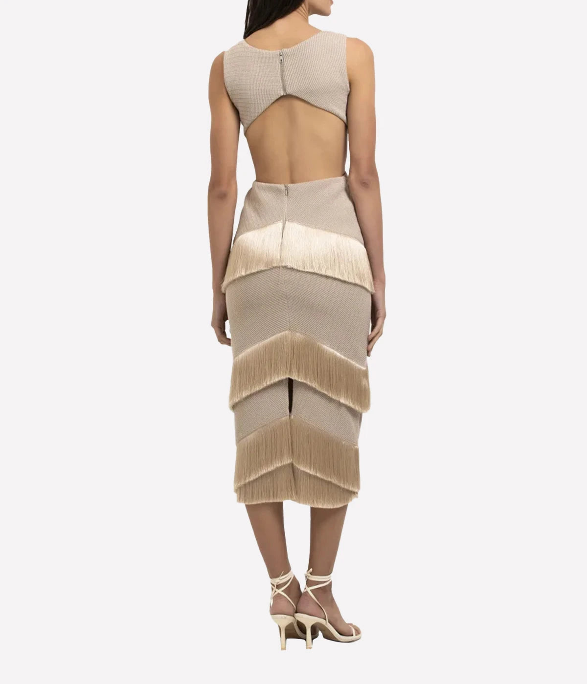 Metallic Knit Midi Dress with Fringe Trim in Clay