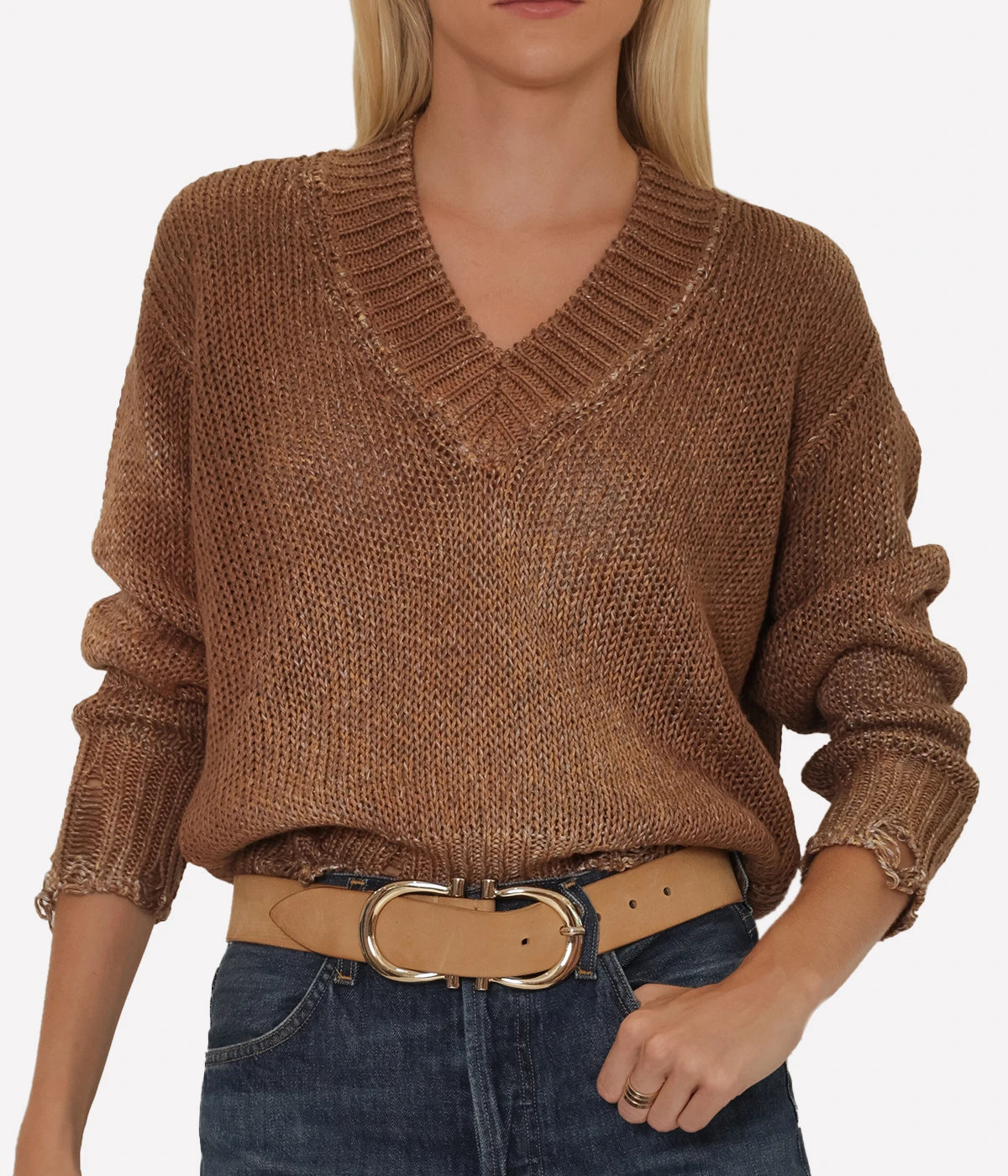 Mouline Cotton V Neck Pullover in Sughero