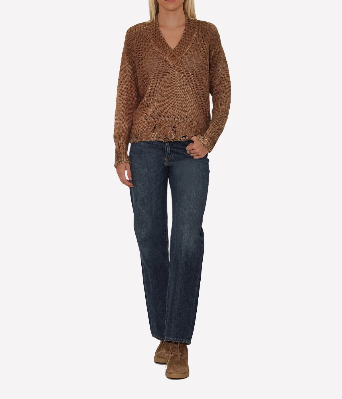 Mouline Cotton V Neck Pullover in Sughero