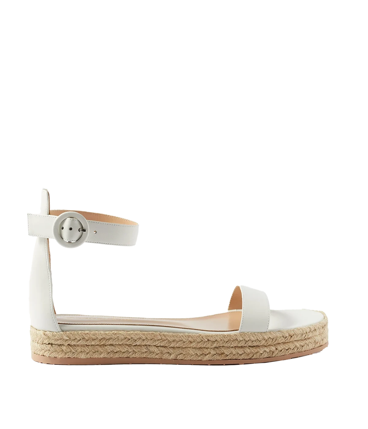 Image  Image of a flat espradrilles style sandal, featruring a smooth white leather ankle and toe strap and braided espadrilles sole..