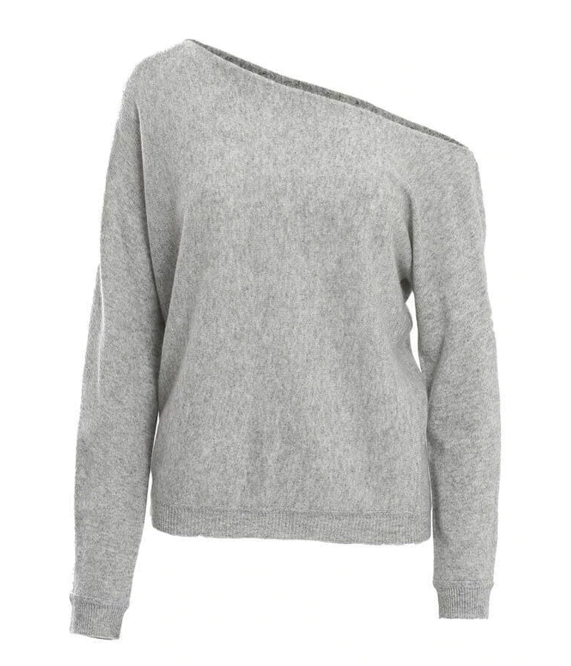 ALT text: Fine Cotton Cashmere Off the Shoulder Sweater in a soft blend with off-the-shoulder design