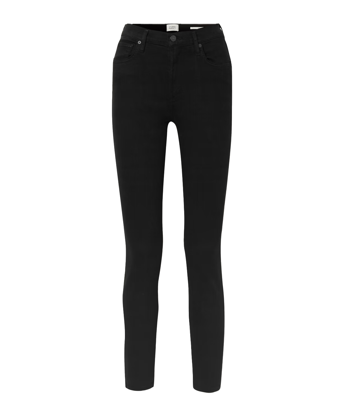 Image of a black washed slim leg high rise cotton jean, featuring a hemed cuff and zip button closure and silver hardware. 