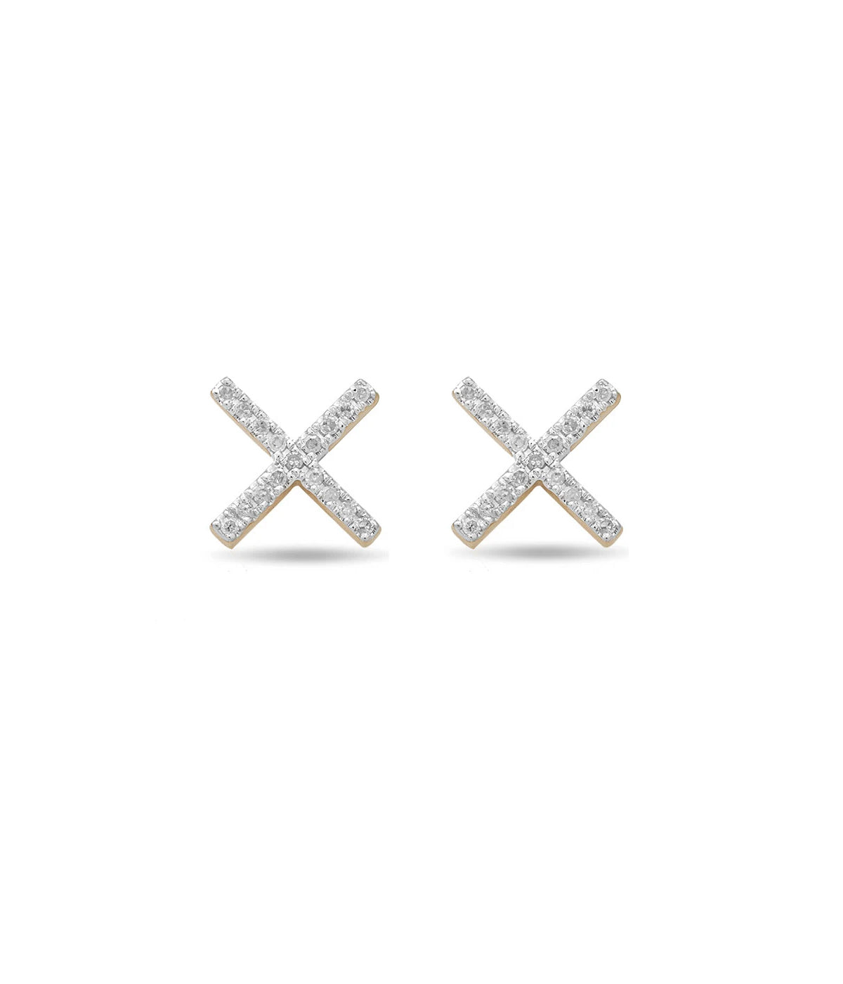 ALT text: 14K yellow gold X-shaped stud earrings with pavé diamonds
