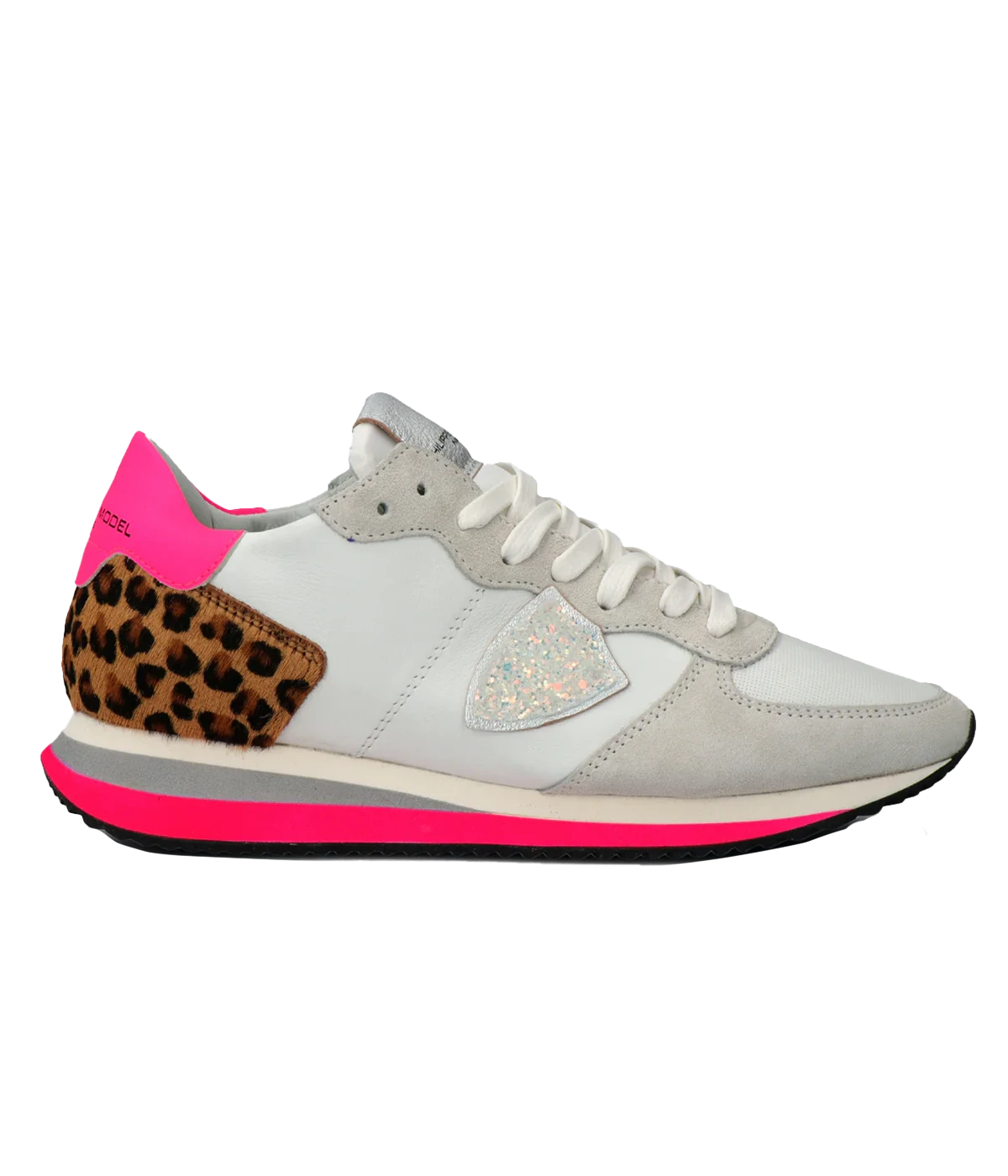 ALT Text: Calexico Exclusive TRPX sneakers by Philippe Model featuring leopard horsey heel, ice glitter logo, neon pink sole, and handmade microporous EVA sole.