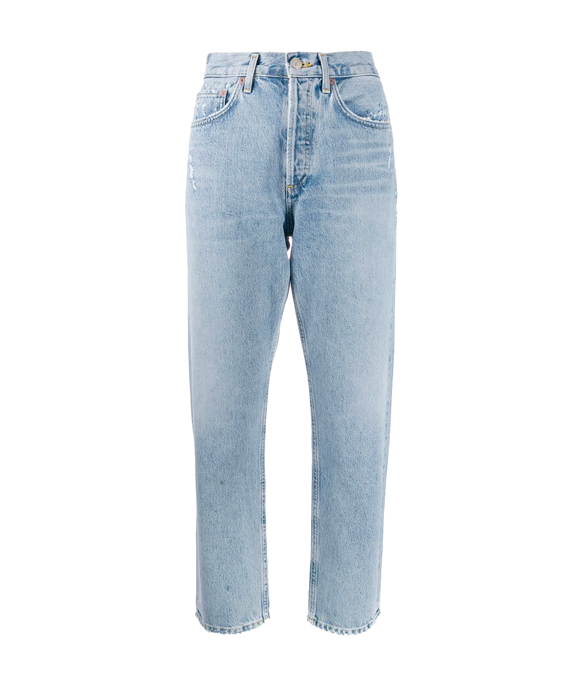 Image of a relaxed style, high waist, washed blue jean. With button and belt loop detail. 