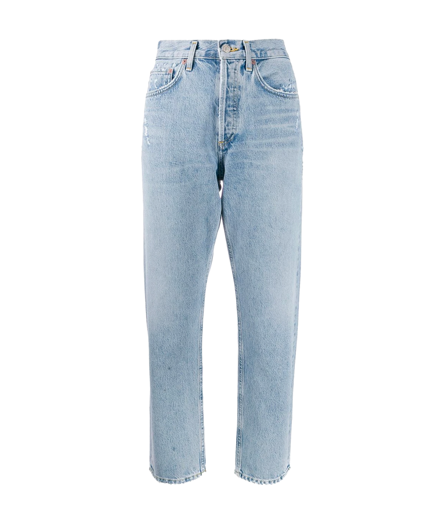 Image of a relaxed style, high waist, washed blue jean. With button and belt loop detail. 