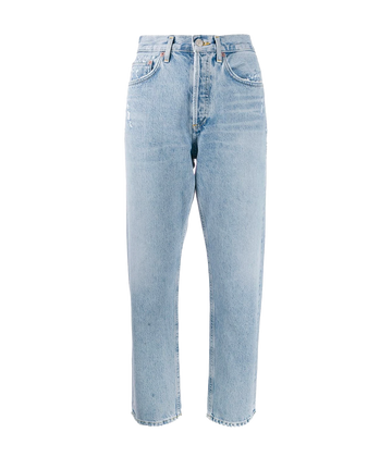 Image of a relaxed style, high waist, washed blue jean. With button and belt loop detail. 