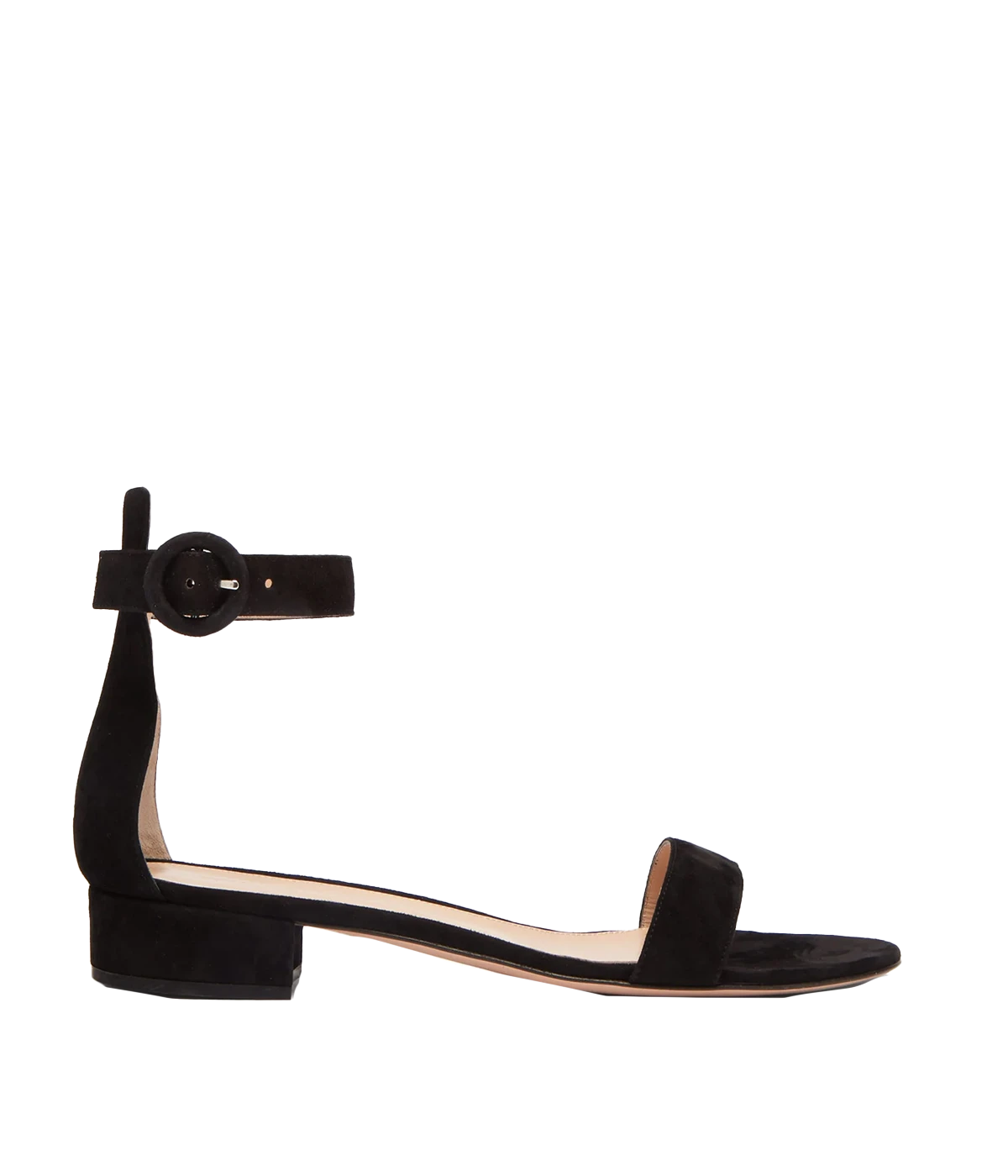 Image of a black leather 20mm flat sandal, with an ankle and toe strap. 