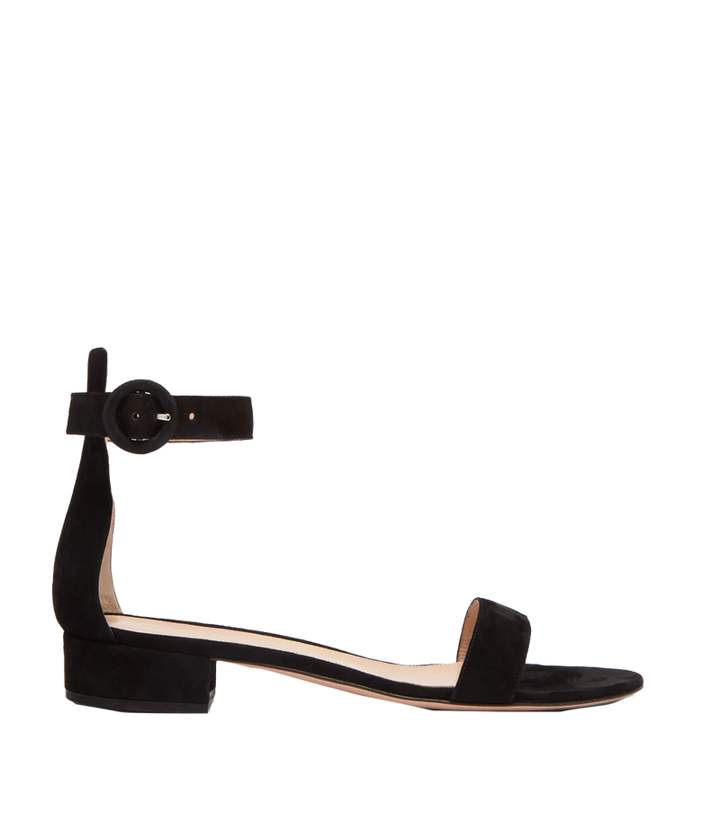 Image of a black leather 20mm flat sandal, with an ankle and toe strap. 