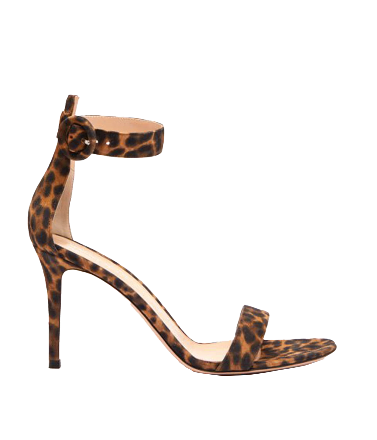 Image of a 85mm heeled sandal, featuring a leopard print, ankle and tie strap with ankle backing support.  