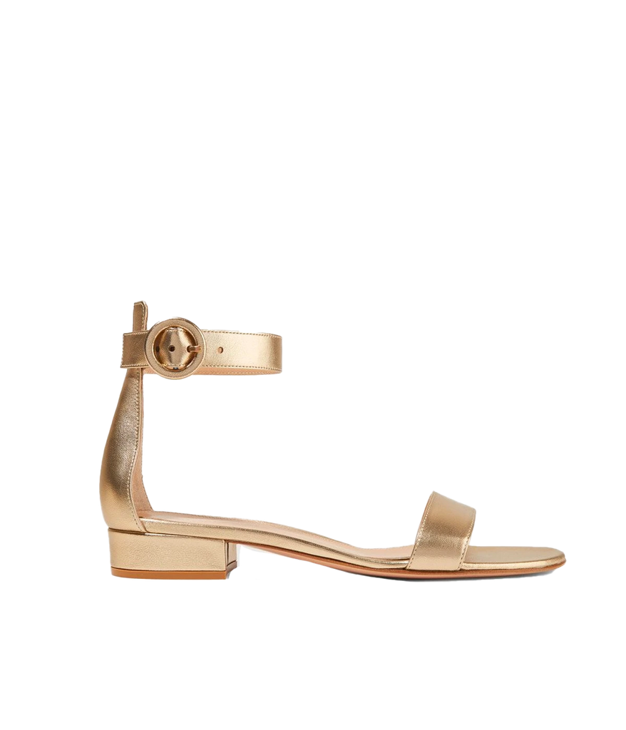 Image of a 20mm healed sandal in a metallic gold, featuring a adjustable ankle strap and thin strap across the toe bed.  