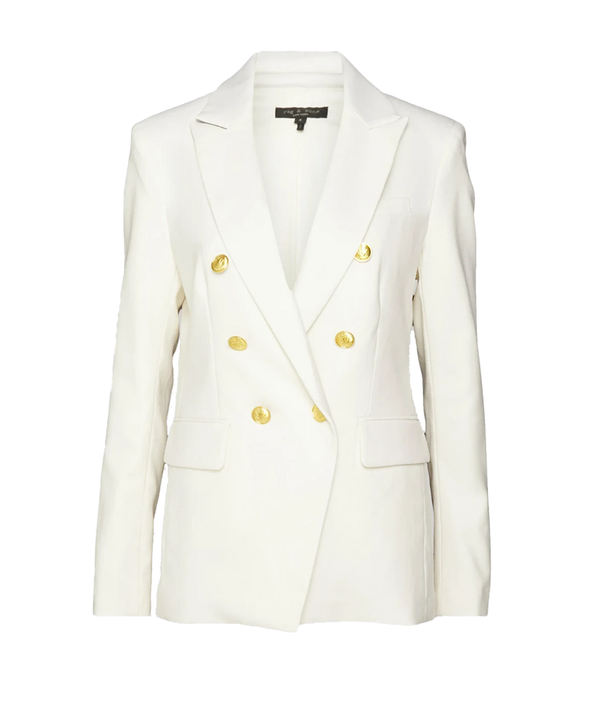 Image of a white tailored blazer, with large gold button detailing, lapel collar and structured shoulders. 
