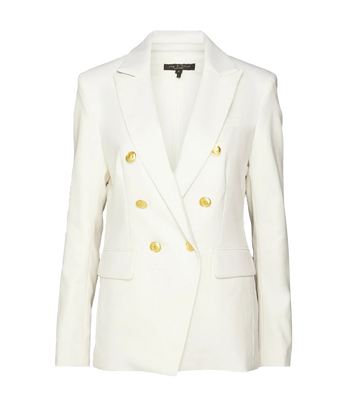 Image of a white tailored blazer, with large gold button detailing, lapel collar and structured shoulders. 