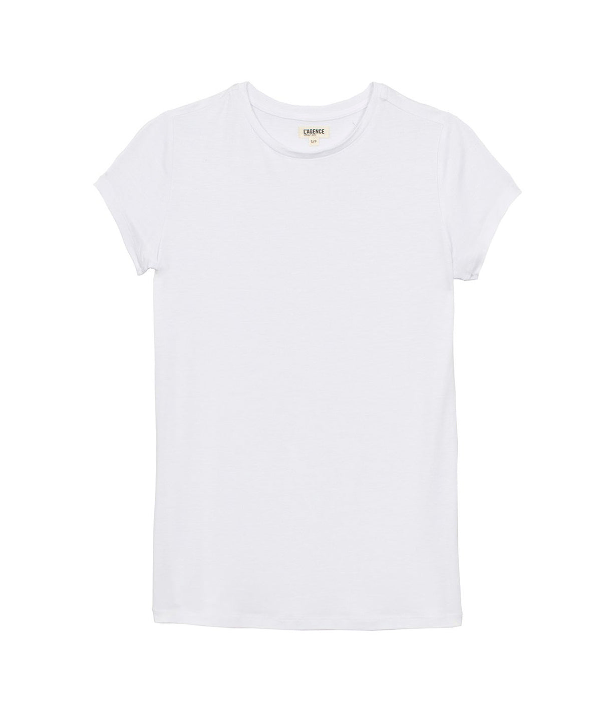 Image of a classic basic white cotton t-shirt, with a v neckline, short sleeve and relaxed fit. Back to basics, everyday tee, stretchy cotton, throw on and go, 100% cotton, bra friendly, made in usa. 