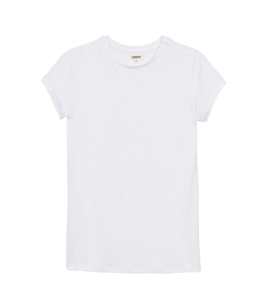 Image of a classic basic white cotton t-shirt, with a v neckline, short sleeve and relaxed fit. Back to basics, everyday tee, stretchy cotton, throw on and go, 100% cotton, bra friendly, made in usa. 