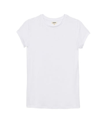 Image of a classic basic white cotton t-shirt, with a v neckline, short sleeve and relaxed fit. Back to basics, everyday tee, stretchy cotton, throw on and go, 100% cotton, bra friendly, made in usa. 