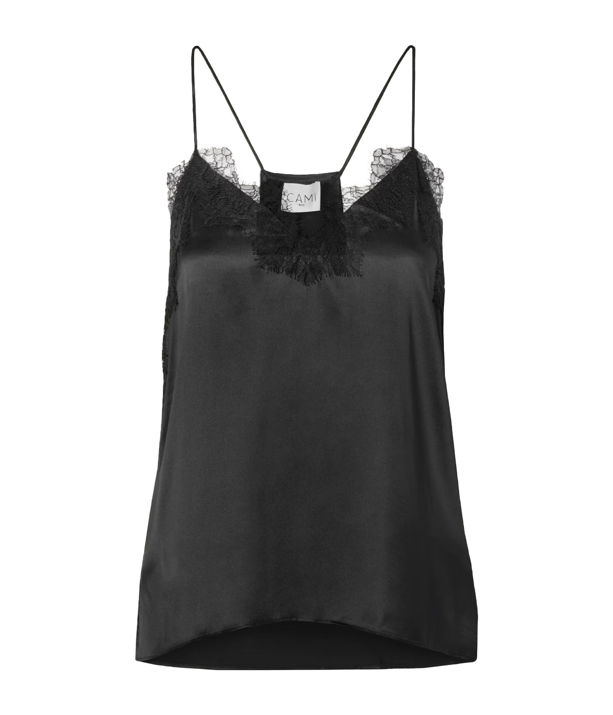 Image of a racer back camisole in black, with delicate lace neckline detailing, v neckline. Made Internationally, sexy date night top, sleeveless, date night top. 