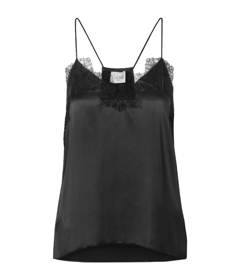 Image of a racer back camisole in black, with delicate lace neckline detailing, v neckline. Made Internationally, sexy date night top, sleeveless, date night top. 