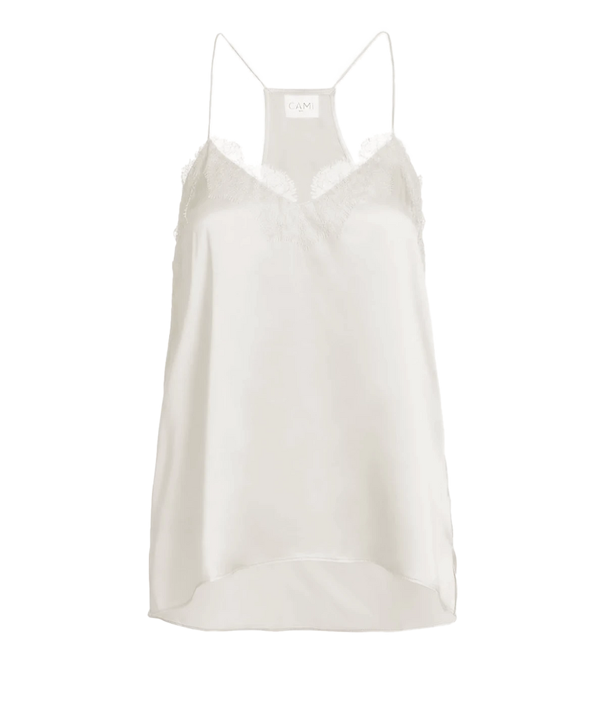 Image of a spaghetti strap off white silk camisole, with lace neckline detailing, low back neckline with a lace cross-over. Made internationally, trendy, sophisticated, fashion forward, date night top, sexy top. 