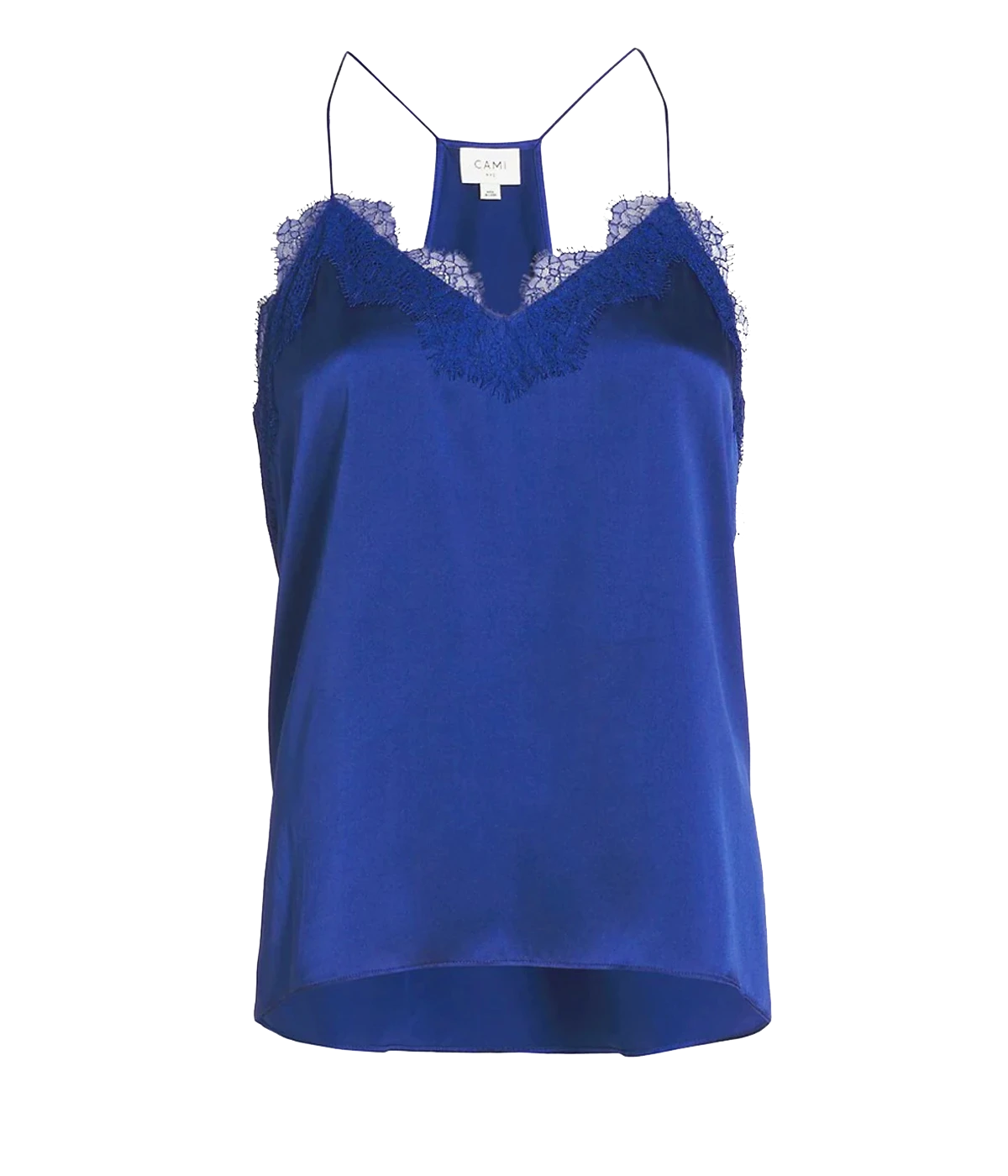  Image of a racer back camisole in Neptune blue, with delicate lace neckline detailing, v neckline. Made Internationally, sexy date night top, sleeveless, date night top.