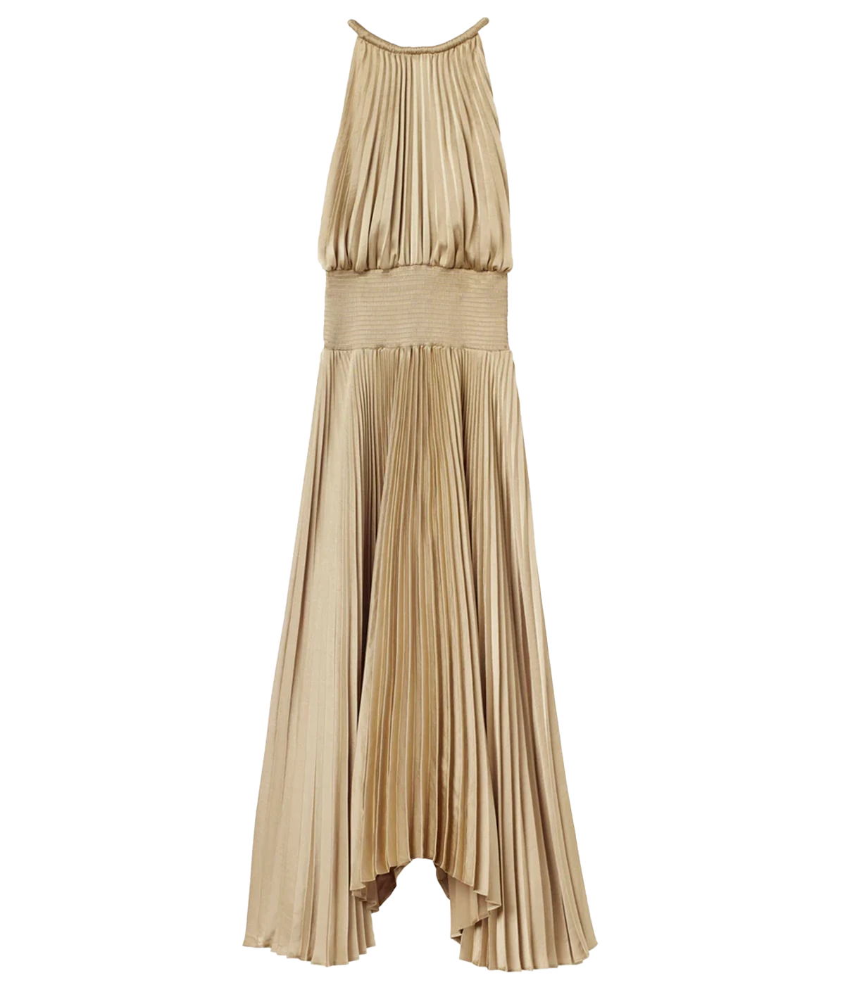 Image of a halter neck style midi dress in a sage green colourway. Featuring a pleated asymmetric hemline, smocked waist and button neck detailing. 