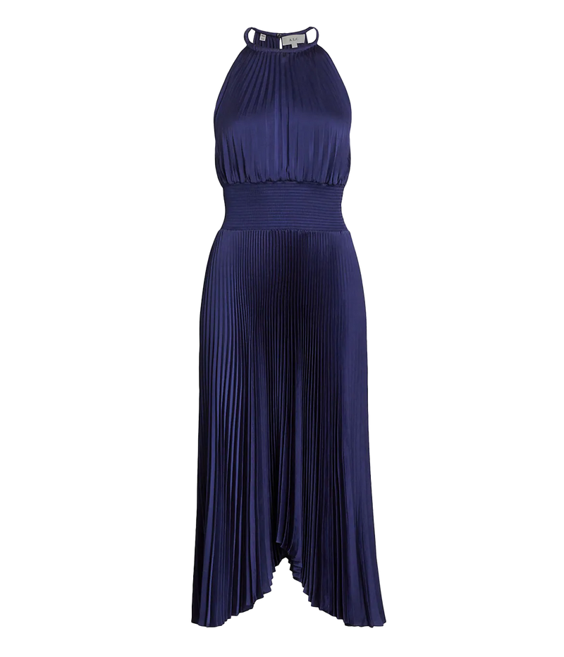 Alt Text: A midi dress in deep riviera blue vintage satin with all-over pleating, halter neckline, and smocked waist.