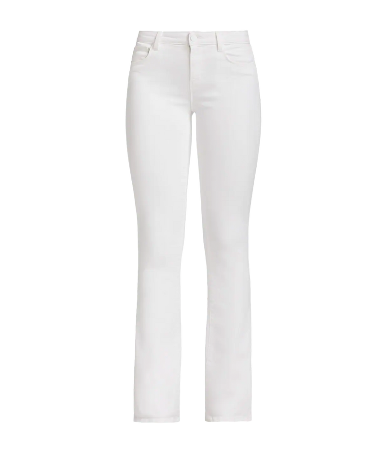 Image of a classic white coated denim skinny jean, with a tapered leg, leather pants, silver hardware, skinny fit. Everyday jean, coated denim, made in USA, date night outfit