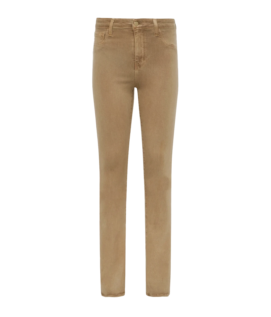 Image of a classic high rise denim coated jean, in a cappuccino colourway, with micro flare, five-pocket and front zip fly closure. Fashion forward, trendy, everyday denim, bootcut hem, made in USA, comfortable jean, everyday jean. 