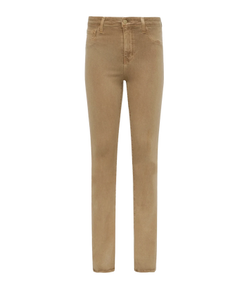 Image of a classic high rise denim coated jean, in a cappuccino colourway, with micro flare, five-pocket and front zip fly closure. Fashion forward, trendy, everyday denim, bootcut hem, made in USA, comfortable jean, everyday jean. 