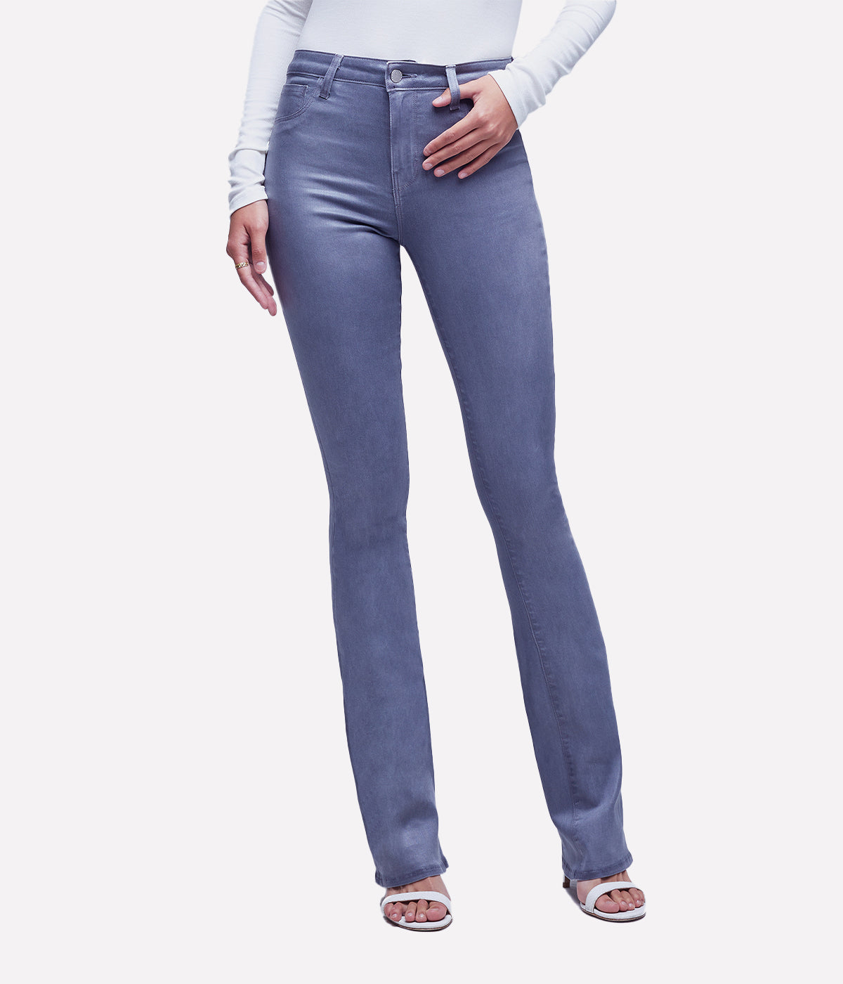Image of a high fashion grey coated deanim jean with micro flare, five-pocket and front zip fly closure. Fashion forward, trendy, everyday denim, bootcut hem, made in USA, comfortable jean, everyday jean. 