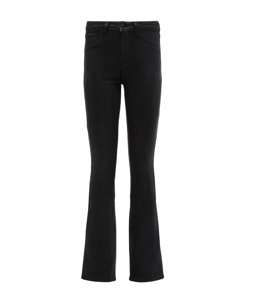 Image of a classic high rise coated denim black jean, with micro flare, five-pocket and front zip fly closure. Fashion forward, trendy, everyday denim, bootcut hem, made in USA. 
