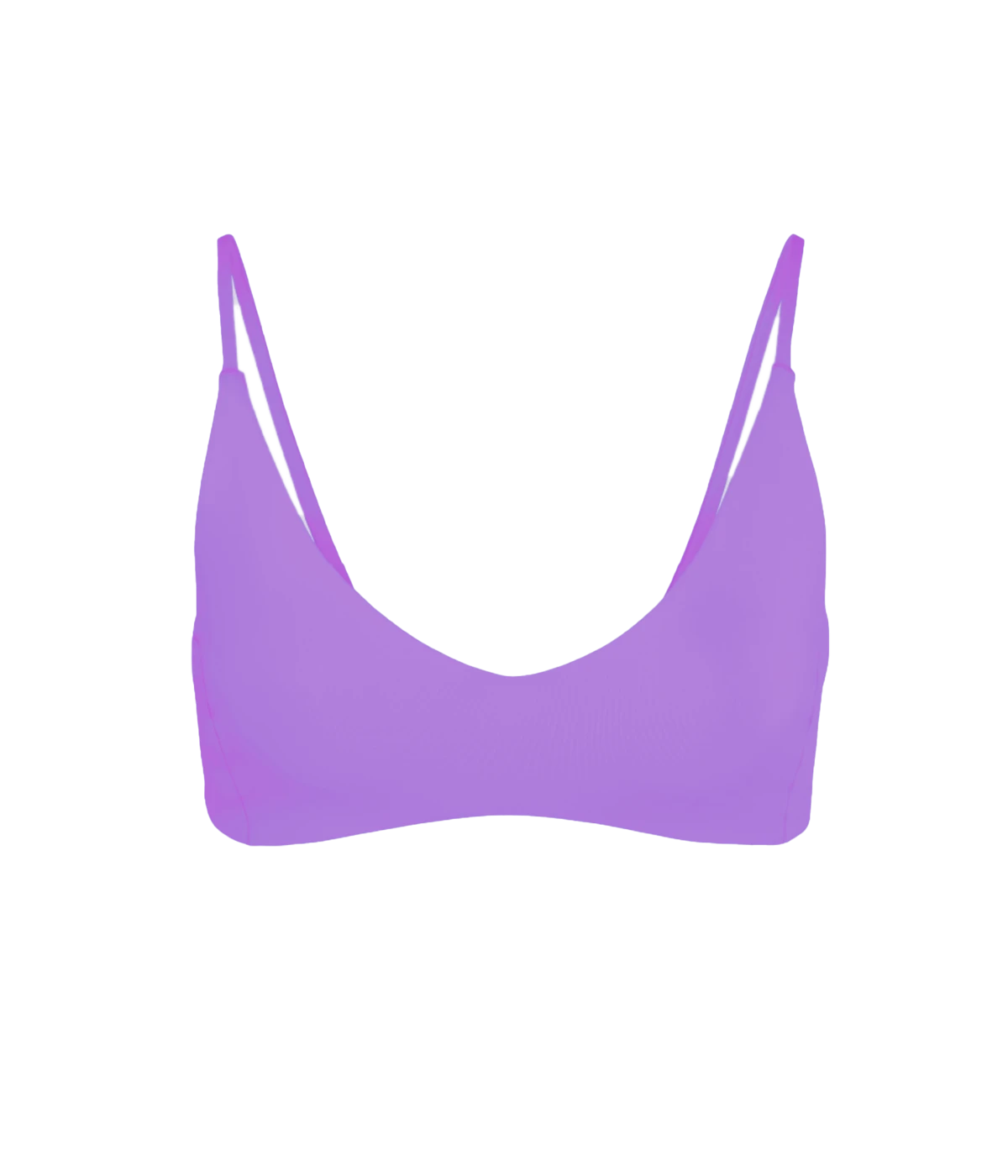 Image of a double lined triangle classic swim top, in a striking purple, classic strappy back. 