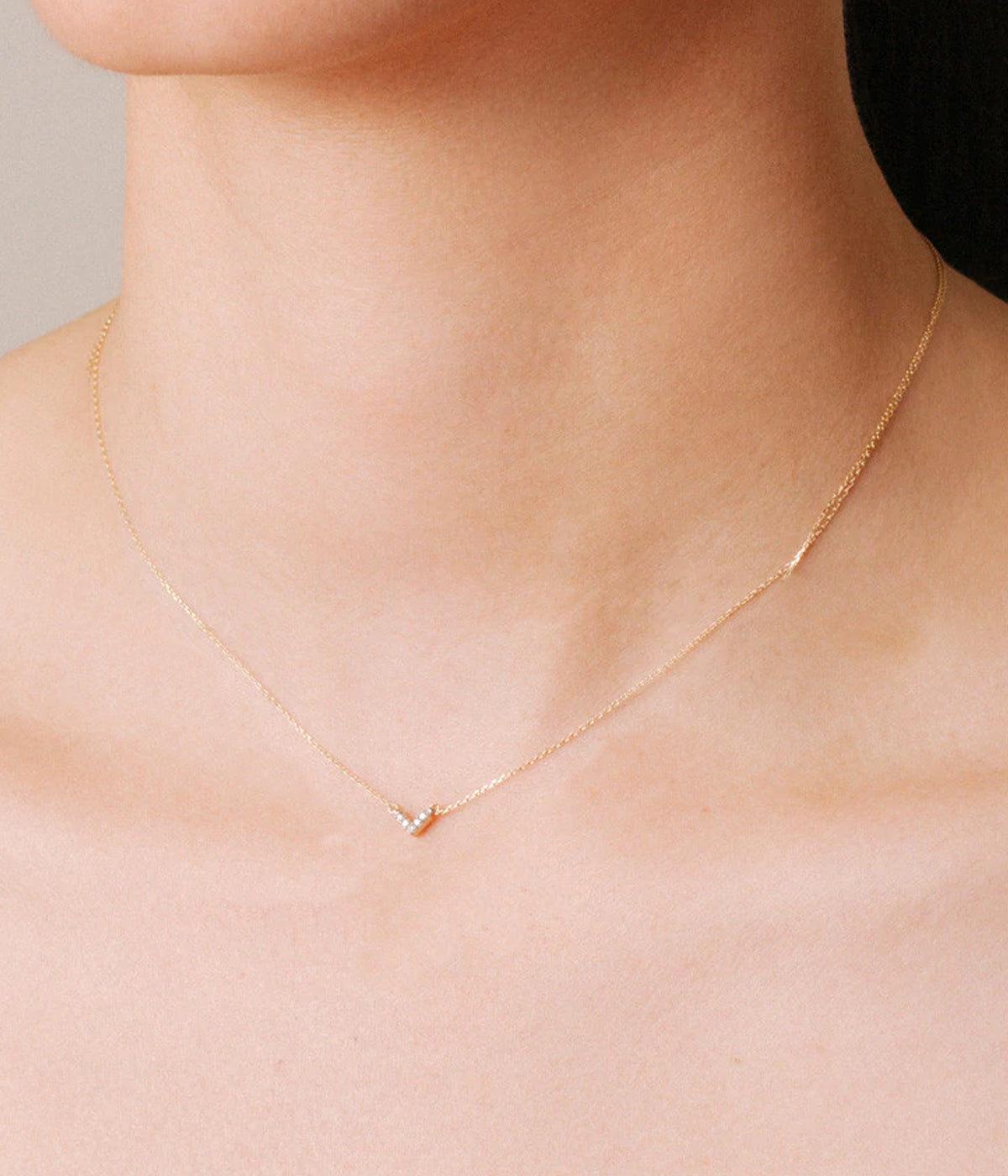 Super Tiny Pave V Necklace in Yellow Gold