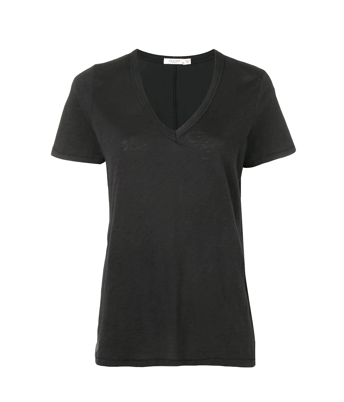 ALT TEXT: White V-neck T-shirt with short sleeves and relaxed fit in soft Pima cotton