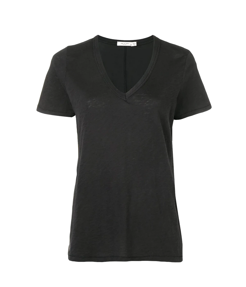 ALT TEXT: White V-neck T-shirt with short sleeves and relaxed fit in soft Pima cotton