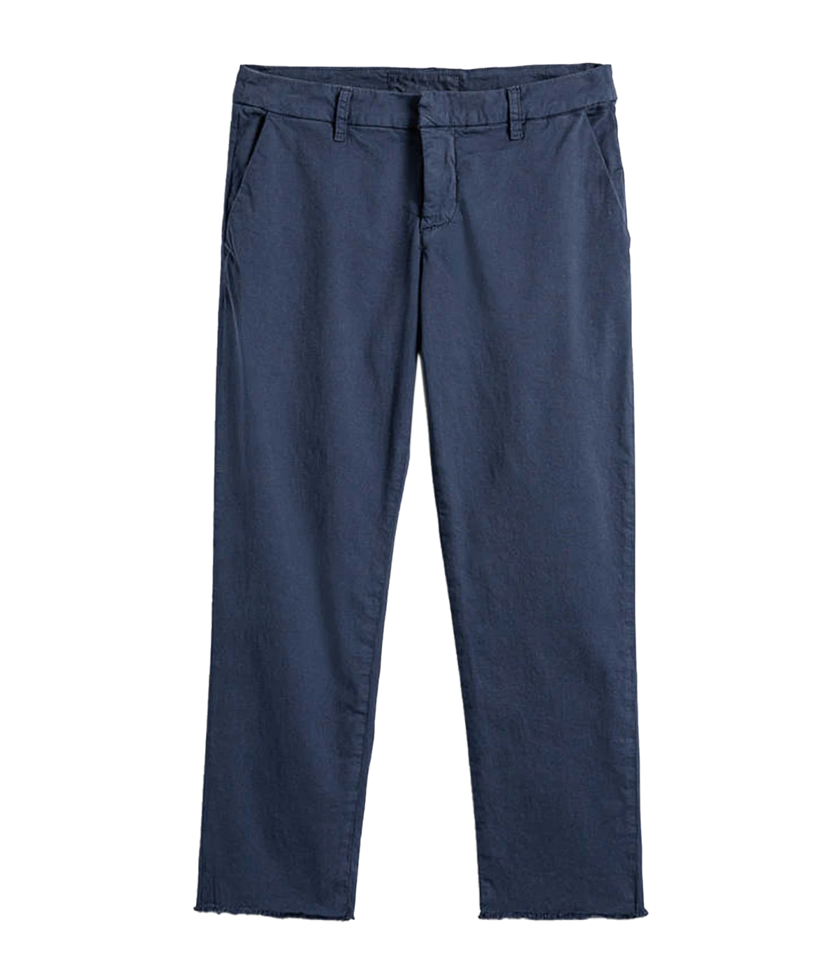 Image of a vintage navy relaxed fit cotton chino pant, featuring a distressed hem, hook and eye fastening and lived in relaxed fit. 