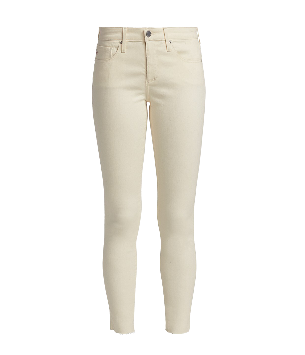 Image of a cropped ecru cigarette pant featuring a cropped hem, button and zip closure in a silver colourway and super stretch material. 