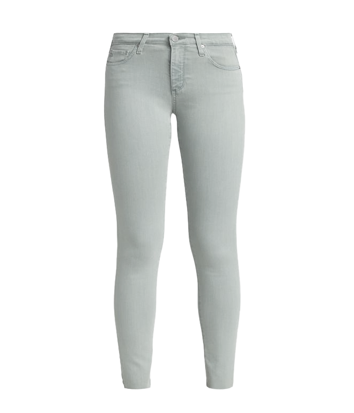 Image of a cropped washed green cigarette pant featuring a cropped hem, button and zip closure in a silver colourway and super stretch material. 