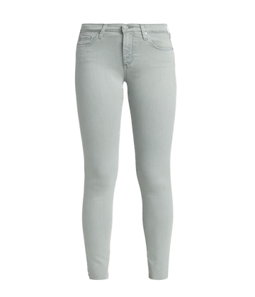 Image of a cropped washed green cigarette pant featuring a cropped hem, button and zip closure in a silver colourway and super stretch material. 