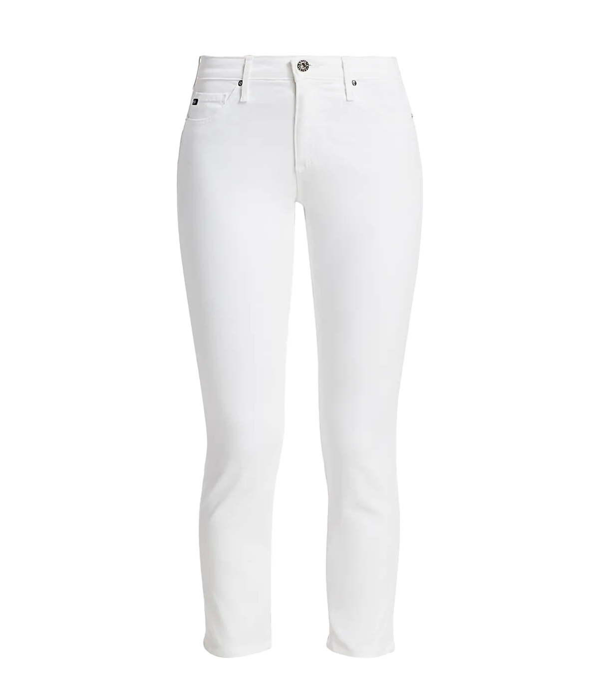 Image of a cropped white cigarette pant featuring a cropped hem, button and zip closure in a silver colourway and super stretch material. 