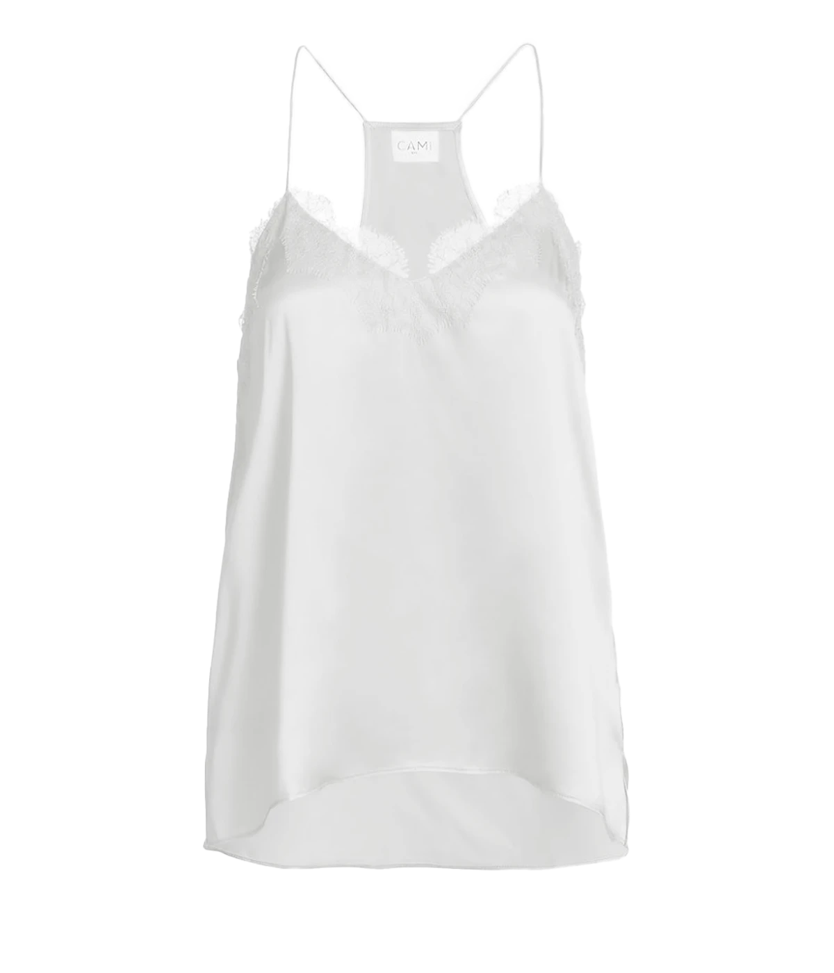 Image of a racer white camisole in black, with delicate lace neckline detailing, v neckline. Made Internationally, sexy date night top, sleeveless, date night top.