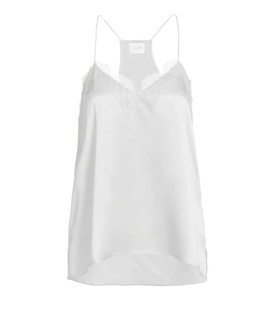 Image of a racer white camisole in black, with delicate lace neckline detailing, v neckline. Made Internationally, sexy date night top, sleeveless, date night top.