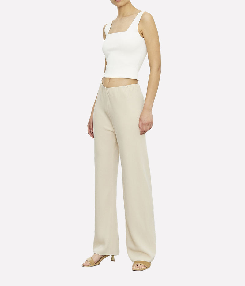 ALT Text: Soft crepe pant by Vince with a relaxed leg, elasticated waistband, and pull-on design for a chic yet comfortable look, made from a blend of acetate and polyester.