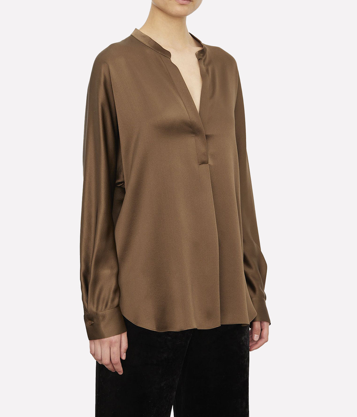 Band Collar Long Sleeve Blouse in Bark